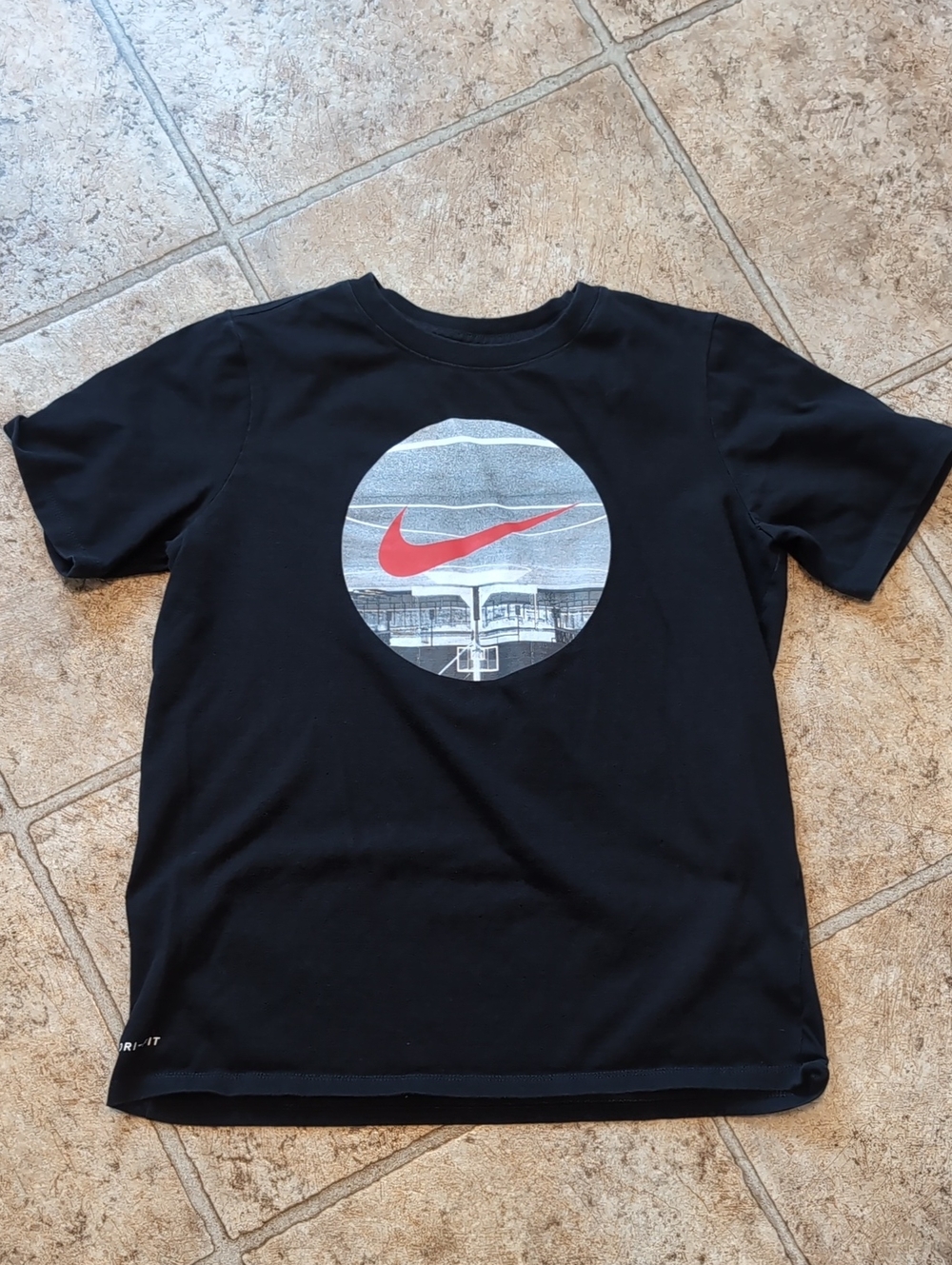 Nike Black Tee with Red Swoosh Circle Graphic